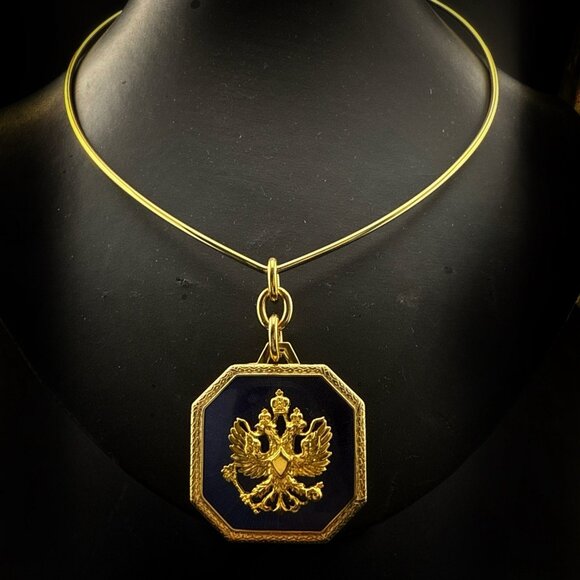 Joan Rivers Necklace Pendant Set Imperial Eagle Russian Blue Enamel Gold Tone - Picture 1 of 16